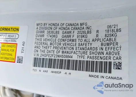 2022 Honda Civic Lx z USA, uszkodzony, nr VIN 2HGFE2F23NH509844